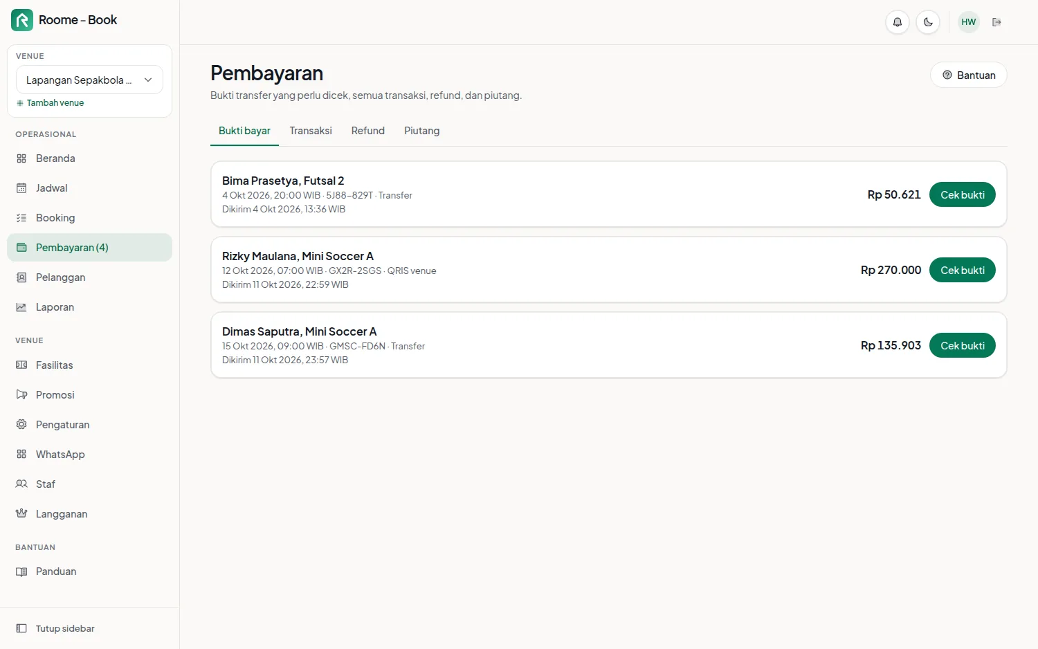 Konsol Roome - Book, halaman Pembayaran: daftar bukti transfer dan QRIS dari pelanggan yang menunggu dicek, masing-masing dengan nominal, kode booking, dan tombol Cek bukti.